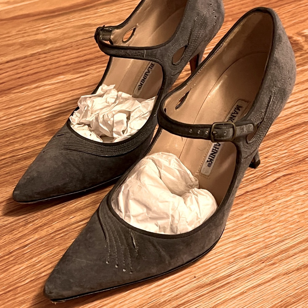Manolo Blahnik Grey Suede 3” Mary Jane Heels, Size 5.5 (35.5)
